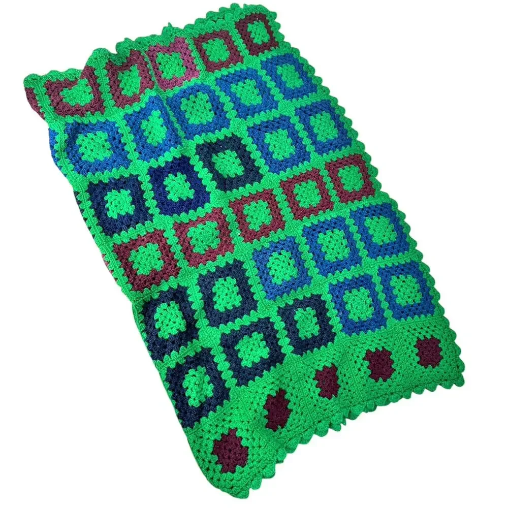 Vintage Granny Square Handmade Afghan Knitted Throw Blanket Multicolor 38”x50”